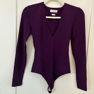 Babaton Aritzia contour bodysuit deep V-neck dark purple long sleeve size small